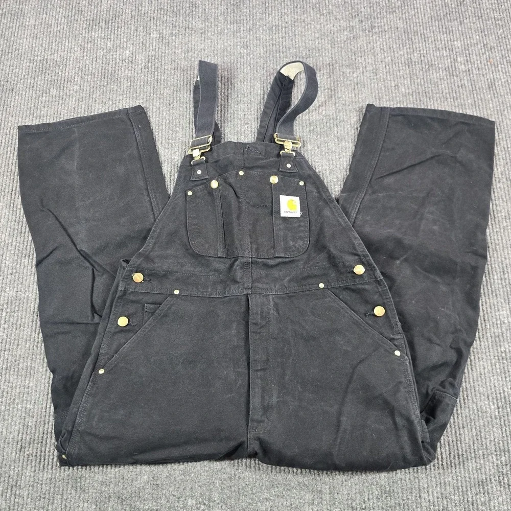 Carhartt R01 Bib Overalls Mens 36x30 Black Duck Canvas Relaxed Work Zip Leg